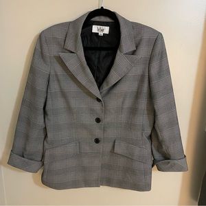 Le Suit Houndstooth Plaid Blazer Grey/White Padded Shoulders 3 button Closure
